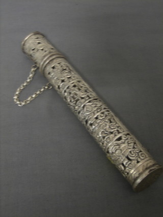 An Eastern pierced white metal scroll holder 9"