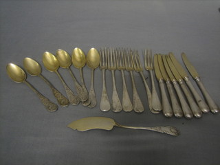 6 Continental silver spoons, a Continental silver butter knife and 6 do. silver knives and forks