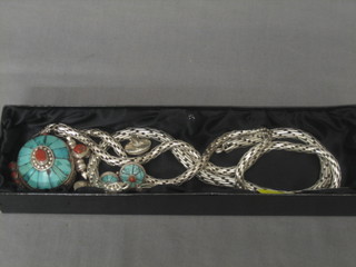 2 silver link chains, a turquoise pendant etc