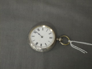 An open faced fob watch with enamelled dial contained in a silver case by The West End Watch Company