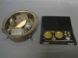 A pair of gold scales, an oval silver plated dish and a small collection of silver plated items etc