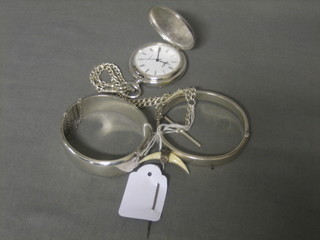 2 silver bangles, a chromium cased pocket watch and chain and a stick pin decorated buffalo horns