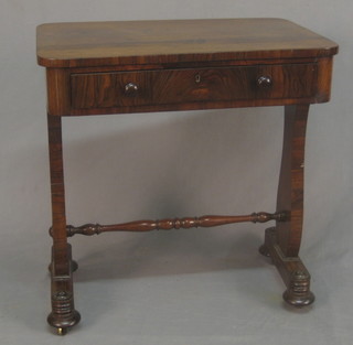 A William IV mahogany D shaped work table, fitted 1 long drawer, raised on panelled supports united by an H framed stretcher 28"