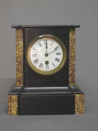 A Victorian French bedroom timepiece with enamelled dial and Roman numerals contained in a brass 2 colour marble case