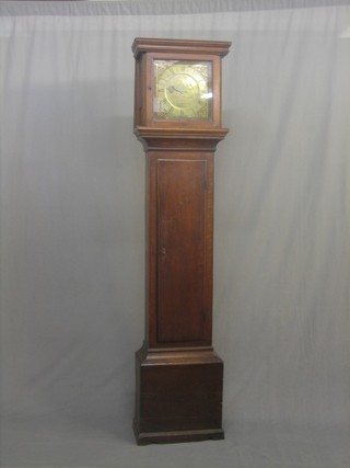 A 17th/18th Century single handed 30 hour longcase clock, the 10" square brass dial with gilt metal spandrels marked Philip Avenell of Farnham, striking on a bell, contained in an oak case 76"