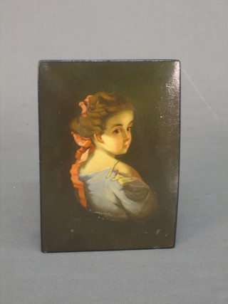 A rectangular Russian lacquered trinket box with hinged lid painted a portrait of a girl 6"