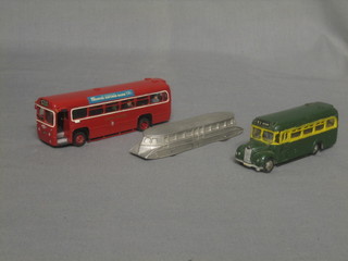 A Dinky Golden Jubilee model of a double headed train, a model of a London Transport bus and a model of a Greenline bus