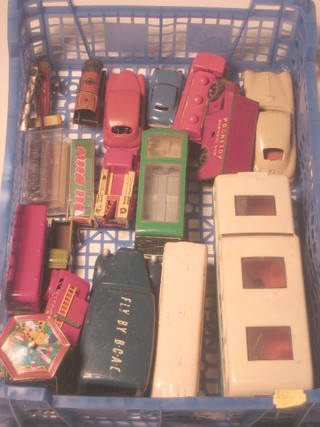 A Pickford's pressed metal clockwork removals van and a collection of various model cars contained in a blue plastic box