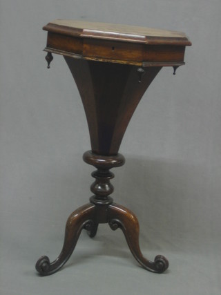 A Victorian rosewood octagonal work box of conical form, raised on a pillar and tripod base 17"