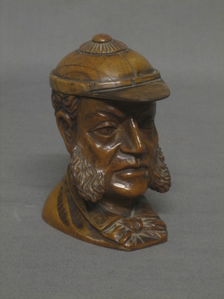 A handsome 19th Century carved walnut inkwell in the form of a portrait bust of W G Grace complete with glass liner 4"