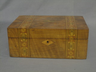 A Victorian rectangular inlaid mahogany trinket box with hinged lid 11"