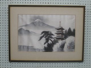 An Eastern embroidered picture of a pagoda and mountain 11" x 17"