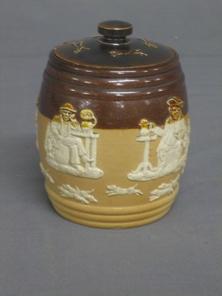 A cylindrical Doulton Burslem jar and cover decorated a hunting scene, the base incised 3258 4"