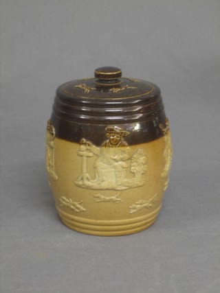 A cylindrical Doulton jar and cover decorated a hunting scene 5"