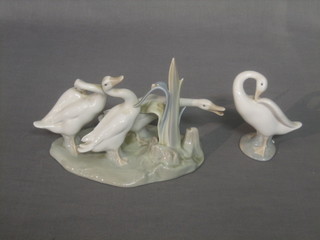 A Lladro figure group of 3 geese 8" and 1 other of a goose 4"