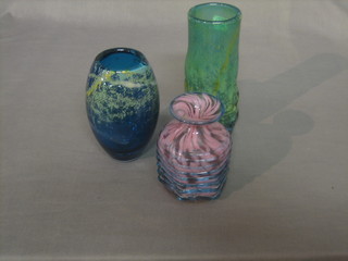 A Medina turquoise and purple glass club shaped vase 5" together with 2 other Art Glass vases