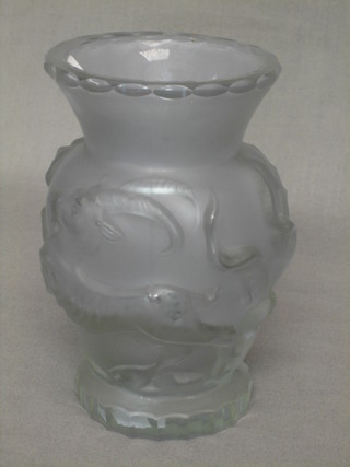 A Lalique style glass vase decorated stylised birds 6"