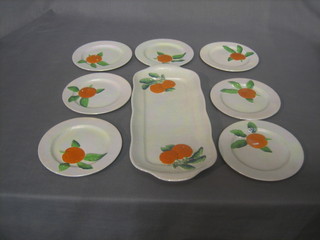 An 11 piece Carltonware lustre glazed sandwich set comprising rectangular twin handled dish and 10 tea plates 6" (all cracked and some rubbing) decorated oranges, the base marked Carltonware RD 716032