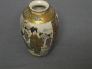 A 19th Century Japanese Satsuma vase with panelled decoration depicting Geisha girls, the base with 4 character mark 5" high