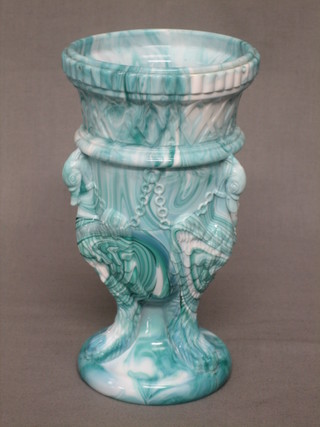 A Victorian turquoise glass vase supported by birds 7"