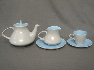A 21 piece Poole Pottery grey and turquoise tea service comprising 6 plates 7", 5 saucers, 8 cups, a teapot and cream jug