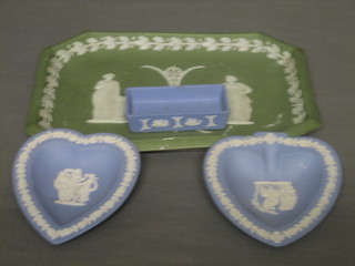 A green Wedgwood Jasperware lozenge shaped tray 10", a blue club shaped Wedgwood dish, do. heart shaped dish and trinket box (no lid)