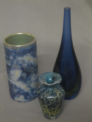 A blue Art Glass club shaped vase 10", a cylindrical glass vase the base inscribed 7" and a Murano Art Glass vase 5"
