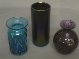 A cylindrical copper lustre glass vase 7" the base inscribed, a Medina glass vase 5" and 1 other twin handled glass vase 6"