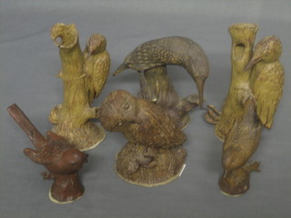 A Coral Baker pottery figure of a Kingfisher 5" and 5 other figures of birds