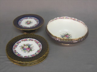 A Limoges circular floral patterned bowl 11" and a 5 piece Limoges fruit service with 9" comport and 4 10" plates