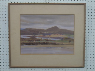 W Miles Johnston, watercolour drawing "Estuary Scene with Hills" 10" x 14"