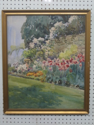 Impressionist watercolour drawing "Walled Country Garden" 18" x 15"