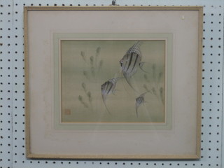 An Oriental print on silk panel "Fish" with seal mark 8" x 10"