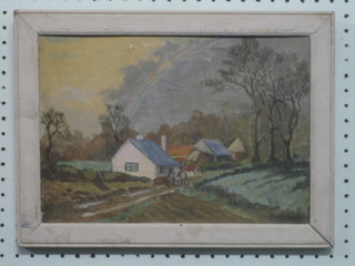 Oil on board "Country Lane with Cottage, Figure Riding Horse and Rainbow" 9" x 13"