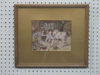 Watercolour drawing "Dog in the Manger" (Walter Hunt) monogrammed AD 5 1/2" x 7 1/2"
