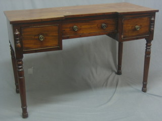 A 19th Century mahogany inverted breakfront side table fitted 1 long drawer flanked by 2 short drawers raised on turned supports 44"