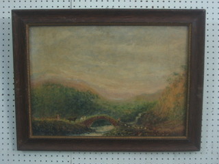 A Victorian oil painting on board "Landscape with Figures on a Bridge" 14" x 20"