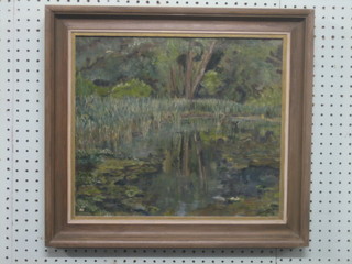 Joanna Moor, oil on canvas "Astwell Pool" the reverse with Federation of British Art Galleries label, Reading Fine Art label 13" x 15 1/2"