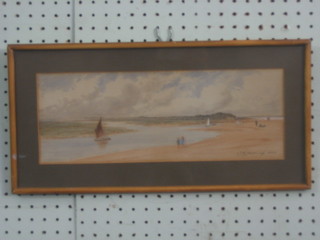 Watercolour drawing "Estuary Scene with Sailing Boat and Figures" 5" x 14" indistinctly signed