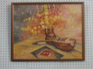 Oil on board, still life study "Mandolin with Jug" monogrammed FK 1971 15 1/2" x 19 1/2"