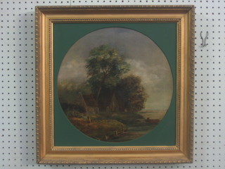 S Watts, oil on canvas "Rural Scene with River Cottage" 14" circular