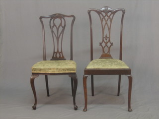 2 similar Edwardian mahogany bedroom chairs with vase shaped slat backs and upholstered seats raised on cabriole supports
