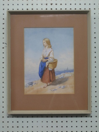 Victorian watercolour drawing "Portrait of a Young Woman with Basket" dated 1866 10" x 7 1/2"