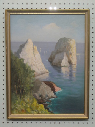 S Cocco, oil on board "Seascape with Rocky Outcrop" 15" x 11"