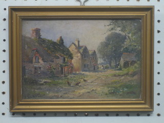 John Burton, oil painting on card? "Country Lane with Cottages and Chickens" 5 1/2" x 8"