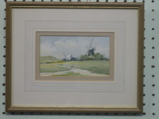 H Kasparian, watercolour "Jack and Jill Windmills" 3" x 6"