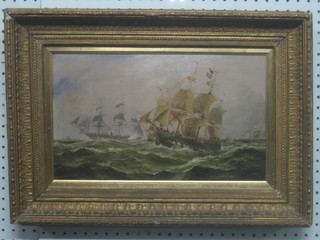 Claude T Moore, oil on canvas "The Commodores' Signal To The Convoy to Shorten Sail" 9" x 14 1/2"