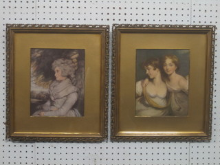 A coloured print "Seated Noble Woman" and a coloured print "Two Young Girls" 9" x 7"