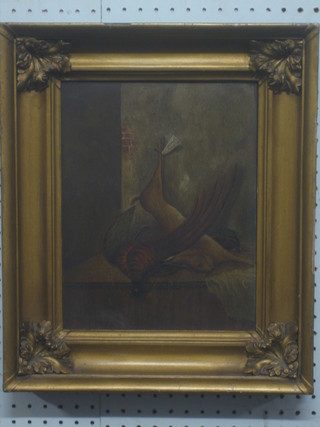 19th Century oil on board "Hanging Hare and Pheasant" the reverse with Old Smith & Warren label 11" x 9"