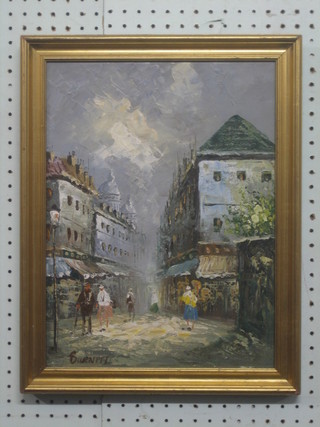 Burnett, oil on canvas "Continental Street Scene with Figures" 15" x 12"